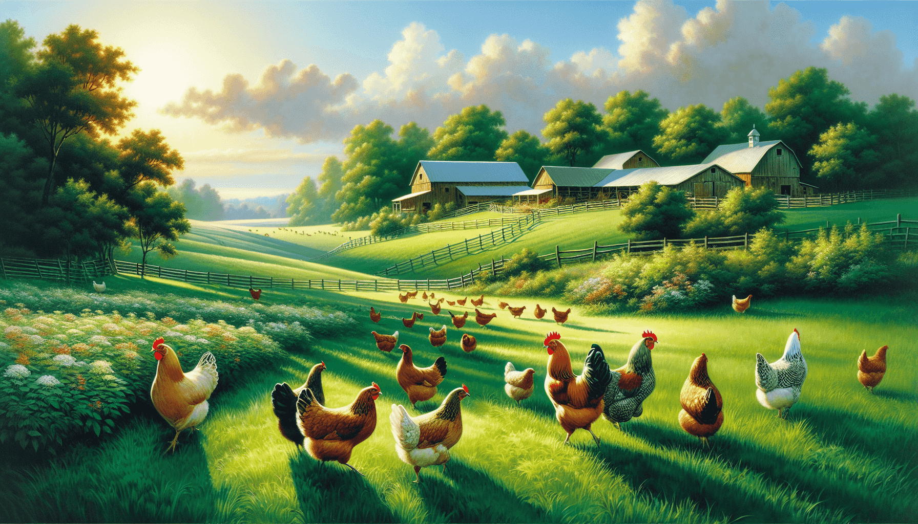 Chickens roaming freely on a green farm